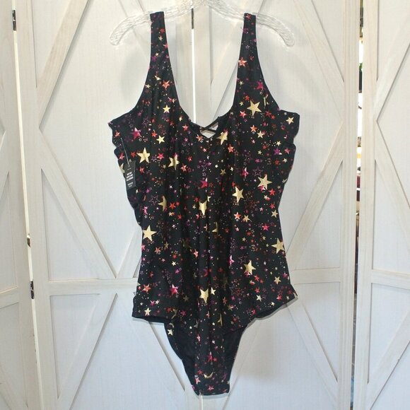 Torrid Black & Gold Foil Star Lattice Wireless One-Piece Swimsuit - Picture 4 of 9